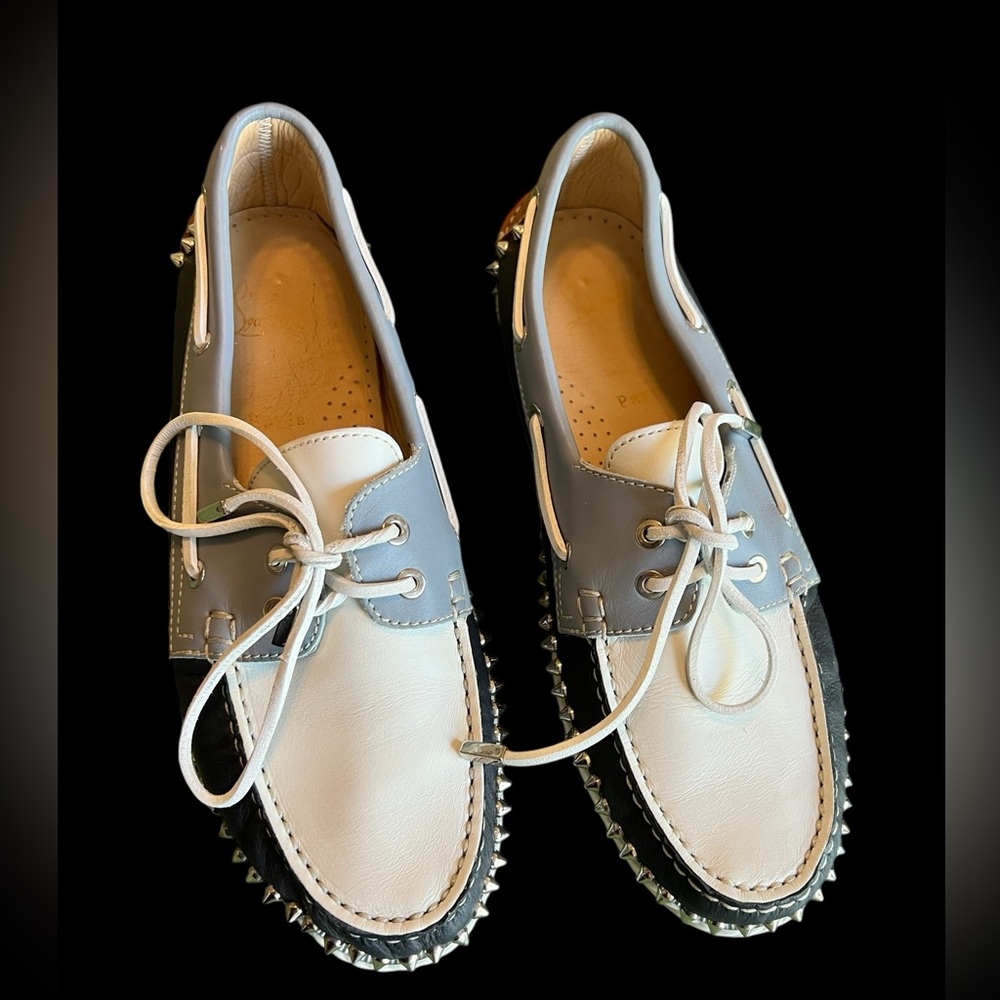 Christian Louboutin White and Gray Studded Leather Boat Shoes